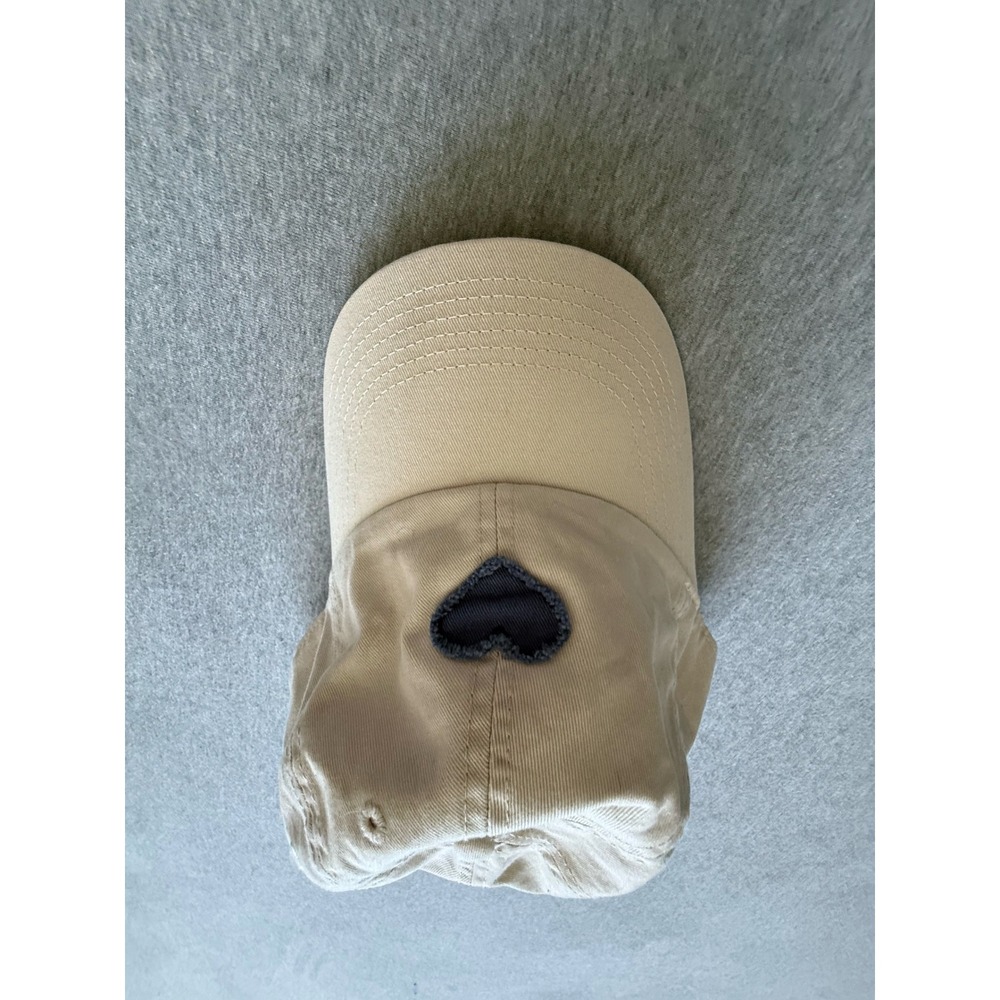Cotton Twill Baseball Cap Cream Beige Navy Blue Frayed Heart Patch Dad Hat OS